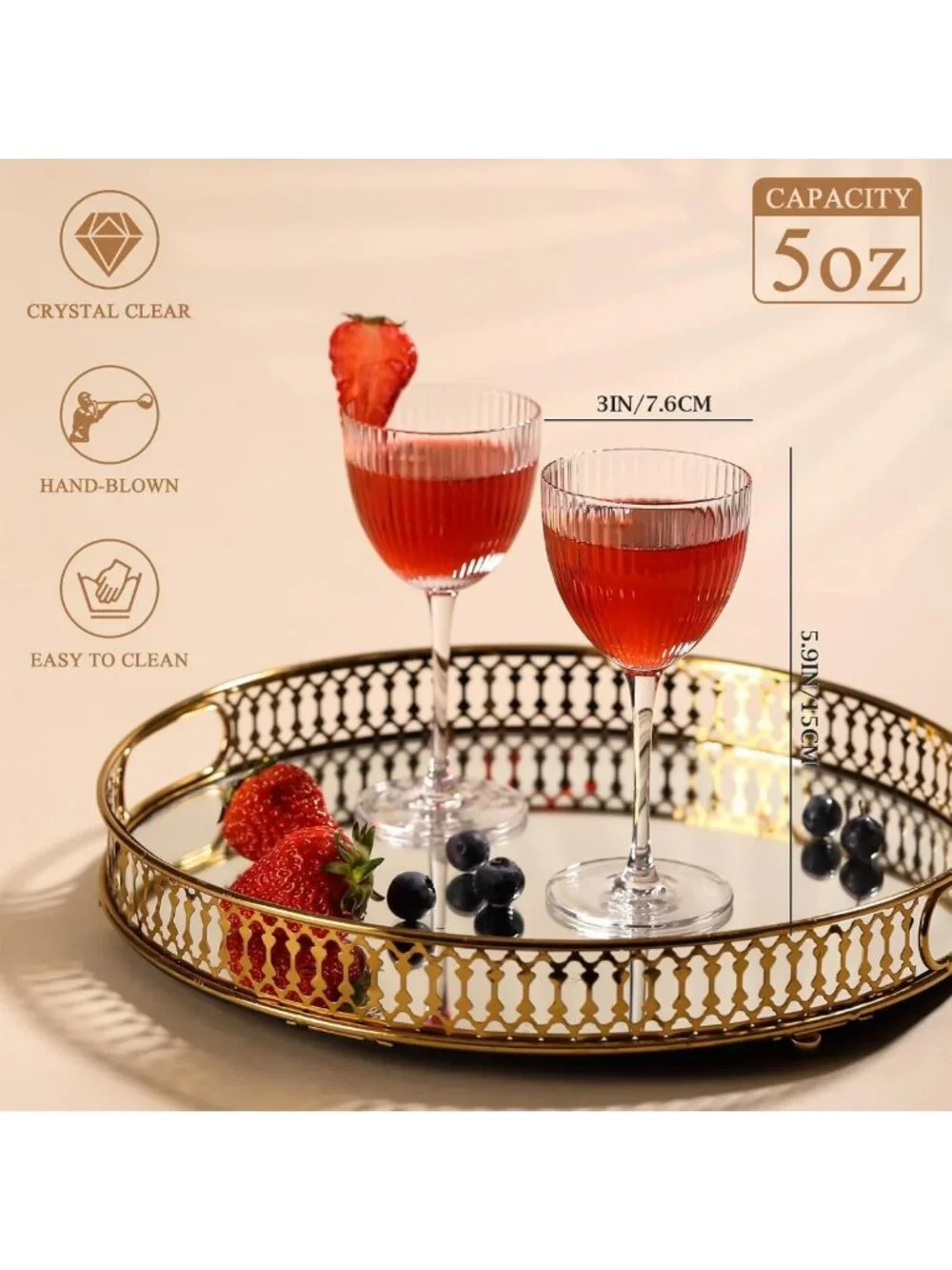 Set of 4 Hand Blown 5 oz Crystal Cocktail Glasses - Ribbed Martini & Coupe